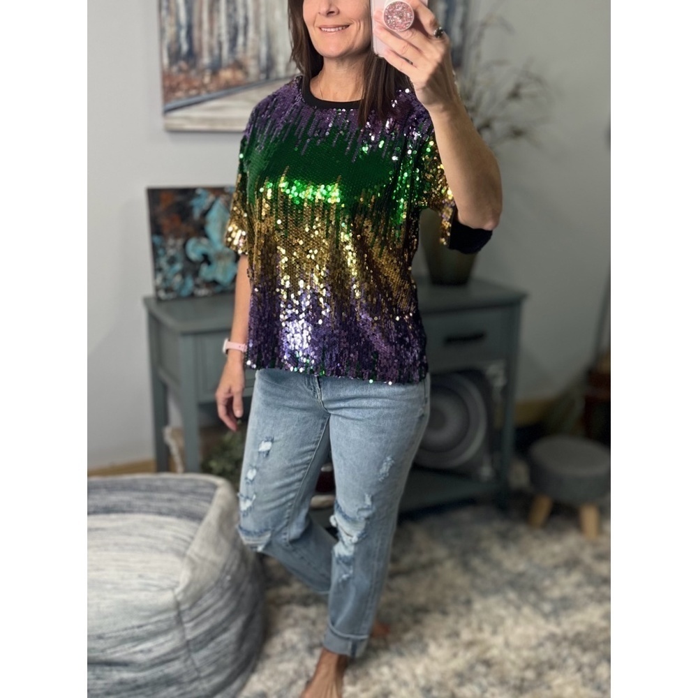 Mardi Gras Sequined Ombre Short Sleeves Cropped Parade Purple Green Gold 0923 - Picture 3 of 9